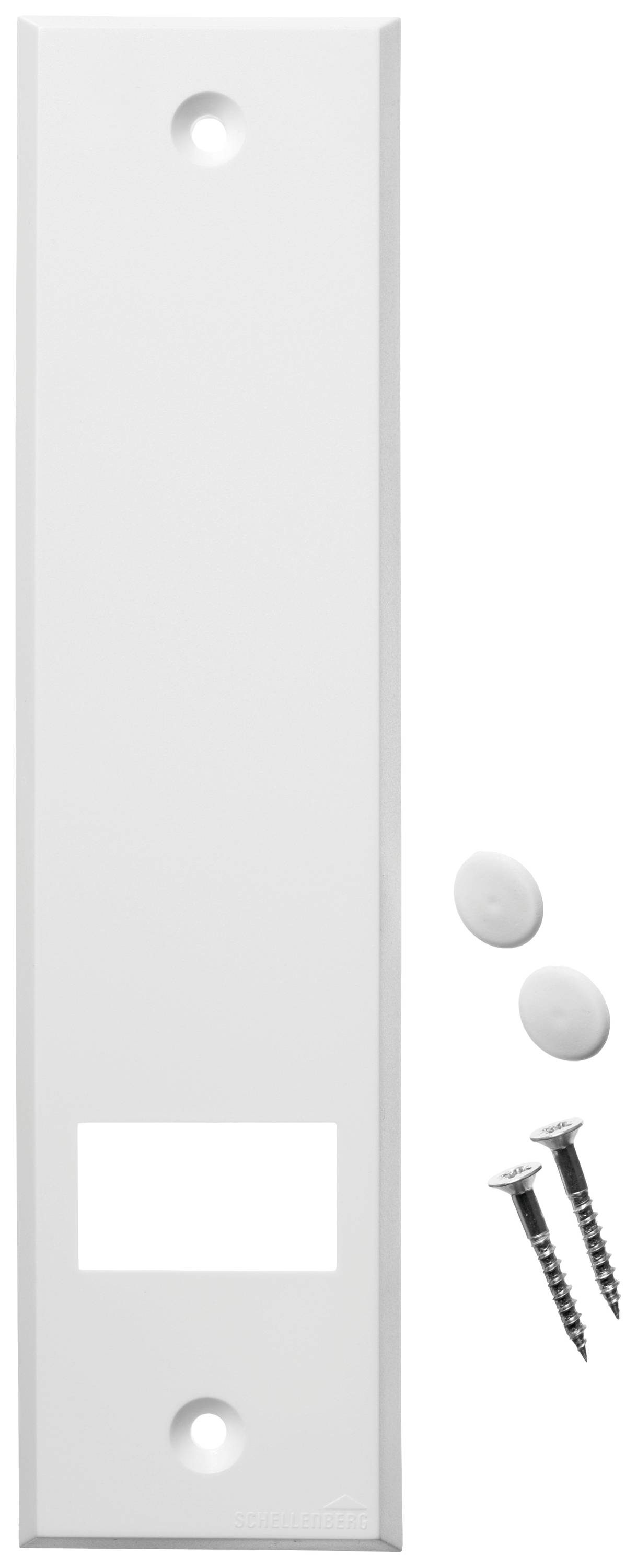 Długi, prostokątny biały element metalowy z dwoma otworami i prostokątnym wycięciem, zaopatrzony w dwie śruby i zaślepki.