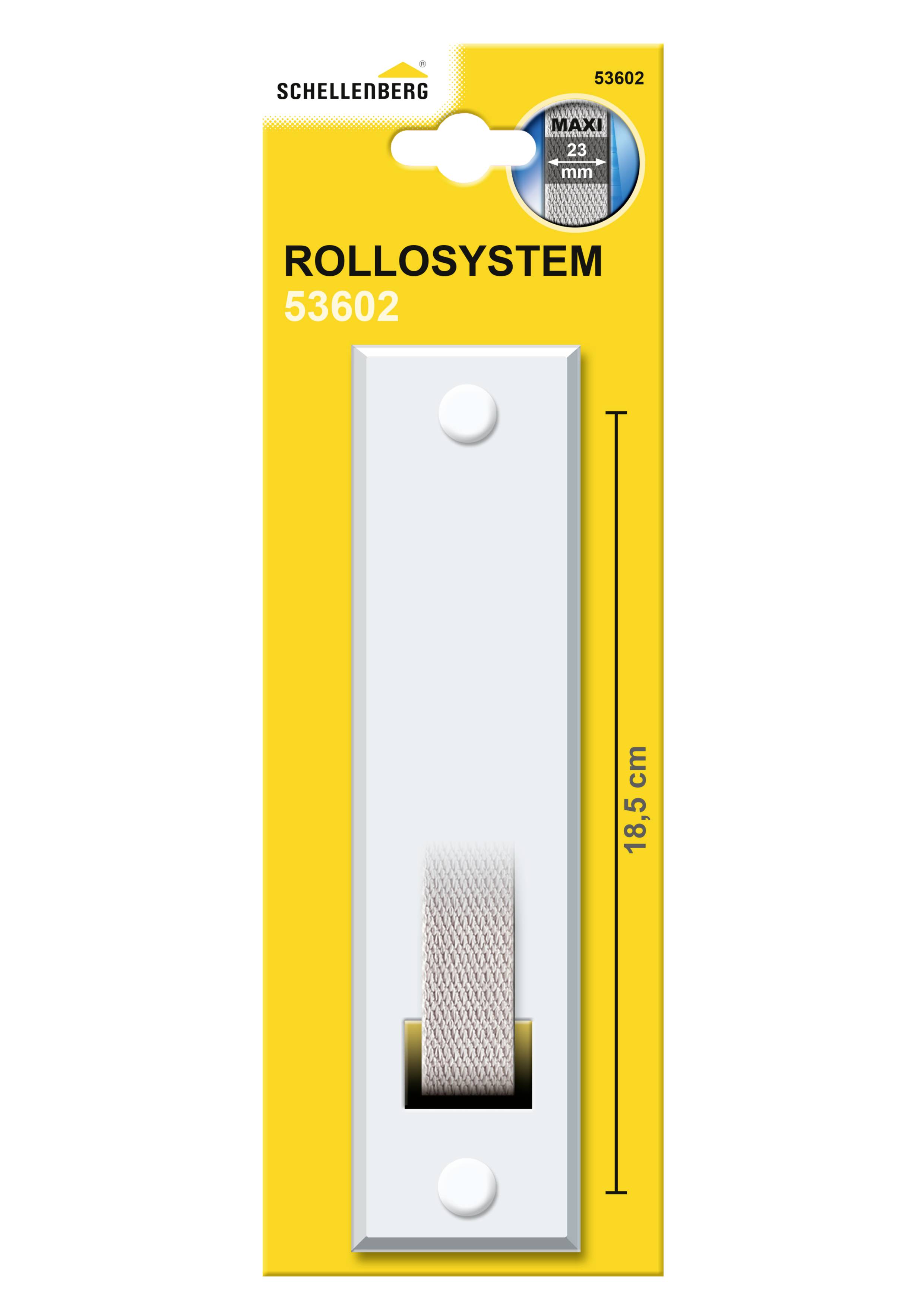 Opakowanie systemu rolet Schellenberg z białym prowadzeniem pasa i numerem produktu 53602. Odpowiednie dla pasów do 23 mm.