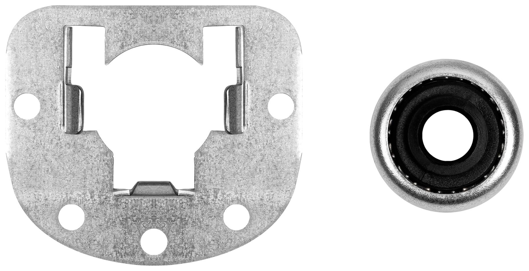 Metalowa płyta z okrągłymi wycięciami i wzorem otworów po lewej stronie, łożysko o kształcie kulistym po prawej. Komponenty techniczne, prawdopodobnie do zastosowań w budowie maszyn.