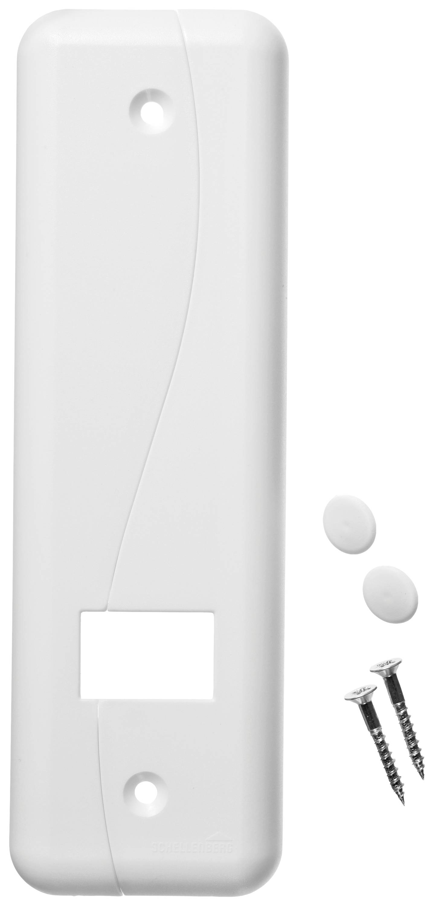 Białą część z tworzywa sztucznego z prostokątnym wycięciem i dwoma otworami. Obok leżą dwie śruby i dwa zaślepki.