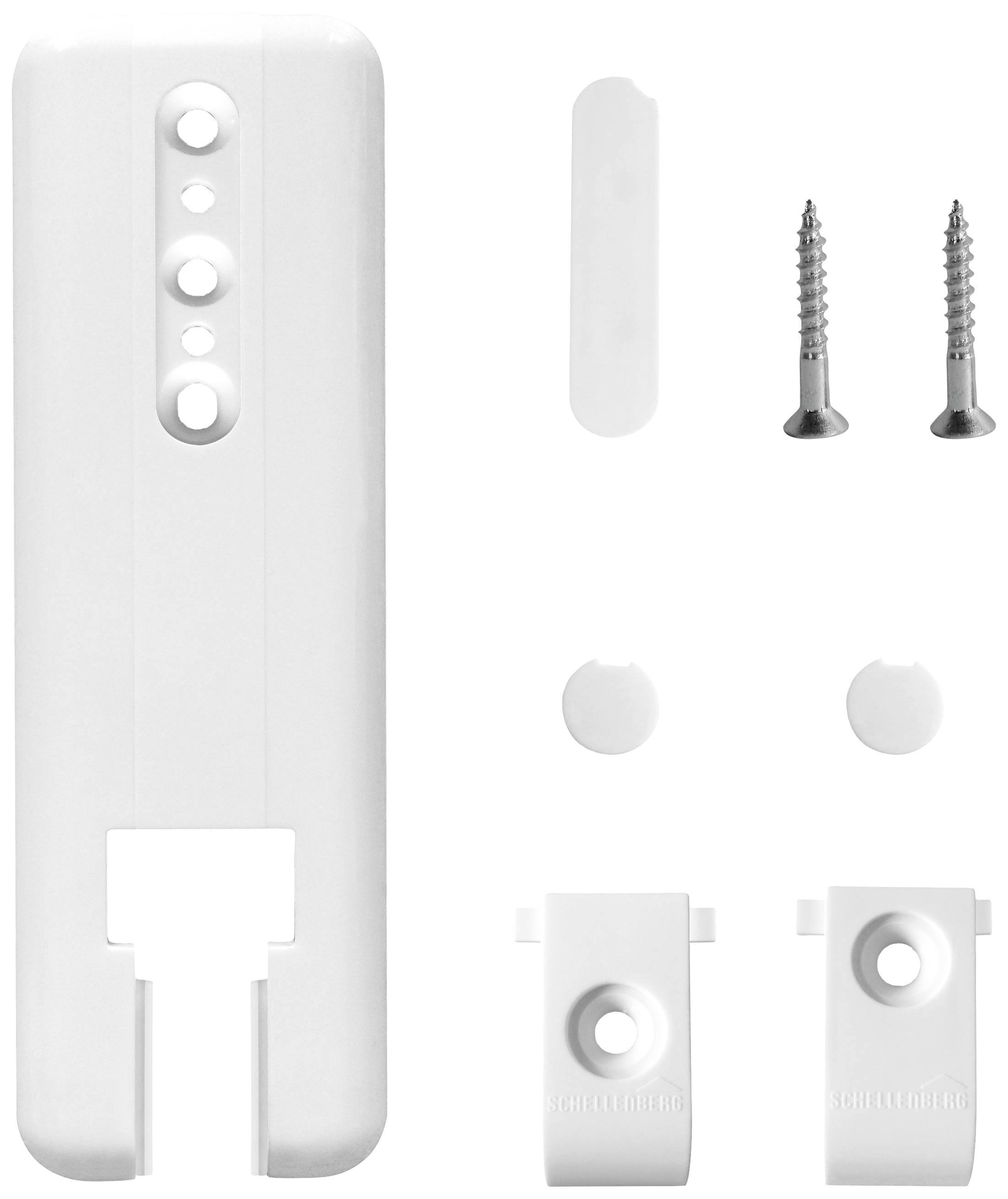 Białe mocowanie ścienne z trzema uchwytami plastikowymi, śrubami i kołkami, przeznaczone do montażu urządzeń.