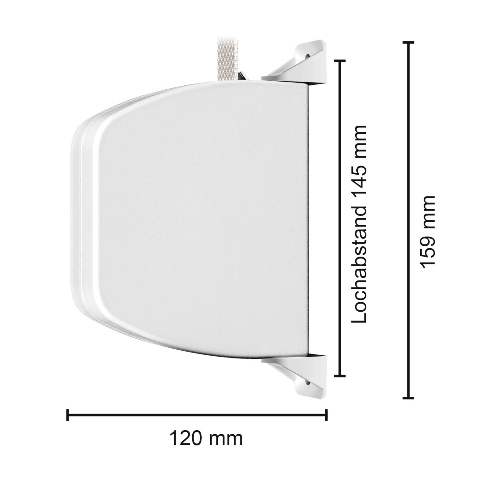 'Widok z boku obudowy aluminiowej w kolorze srebrnym o wymiarach 120 mm szerokości, 159 mm wysokości i rozstawie otworów 145 mm.'