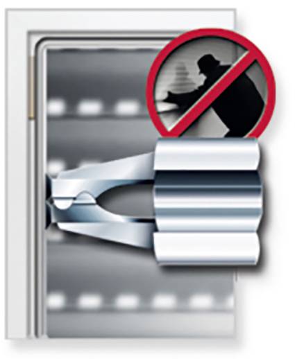 Rygiel przeciwwłamaniowy z symbolem zabezpieczenia. Postać w kole z czerwonym znakiem zakazu wskazuje na ochronę przed włamywaczami.