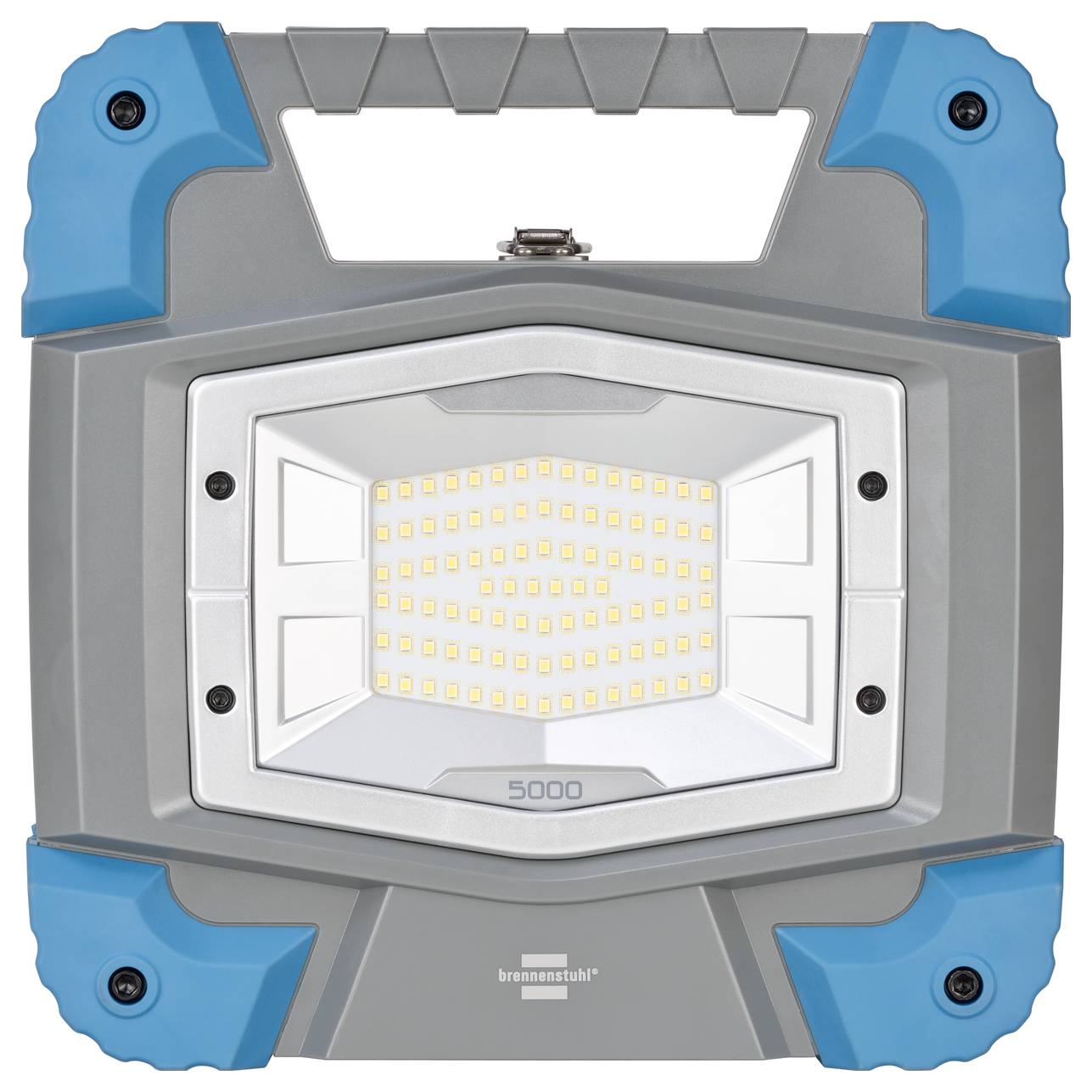 Szara i niebieska przenośna lampa robocza LED z uchwytem, prostokątnym kształtem oraz świecącymi diodami LED pośrodku; numer modelu '5000'.
