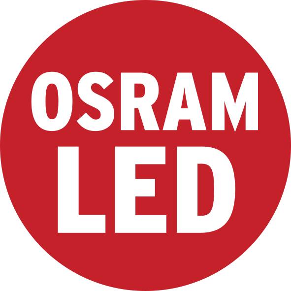 Czerwone okrągłe logo z białym tekstem 'OSRAM LED'