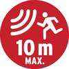 Czerwony znak ostrzegawczy z sylwetką postaci i falowanymi liniami, powyżej napis '10 m MAKS.' w kolorze białym. Sygnalizacja maksymalnego zasięgu.