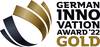 Logo nagrody 'German Innovation Award 2022 Gold' z graficznymi krzywymi w kolorach złotym i czarnym, obok tekstu na białym tle.