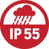Czerwony symbol przedstawia chmurę deszczową z napisem 'IP 55'; oznacza ochronę przed kurzem i strumieniami wody, często stosowany w obudowach elektrycznych.