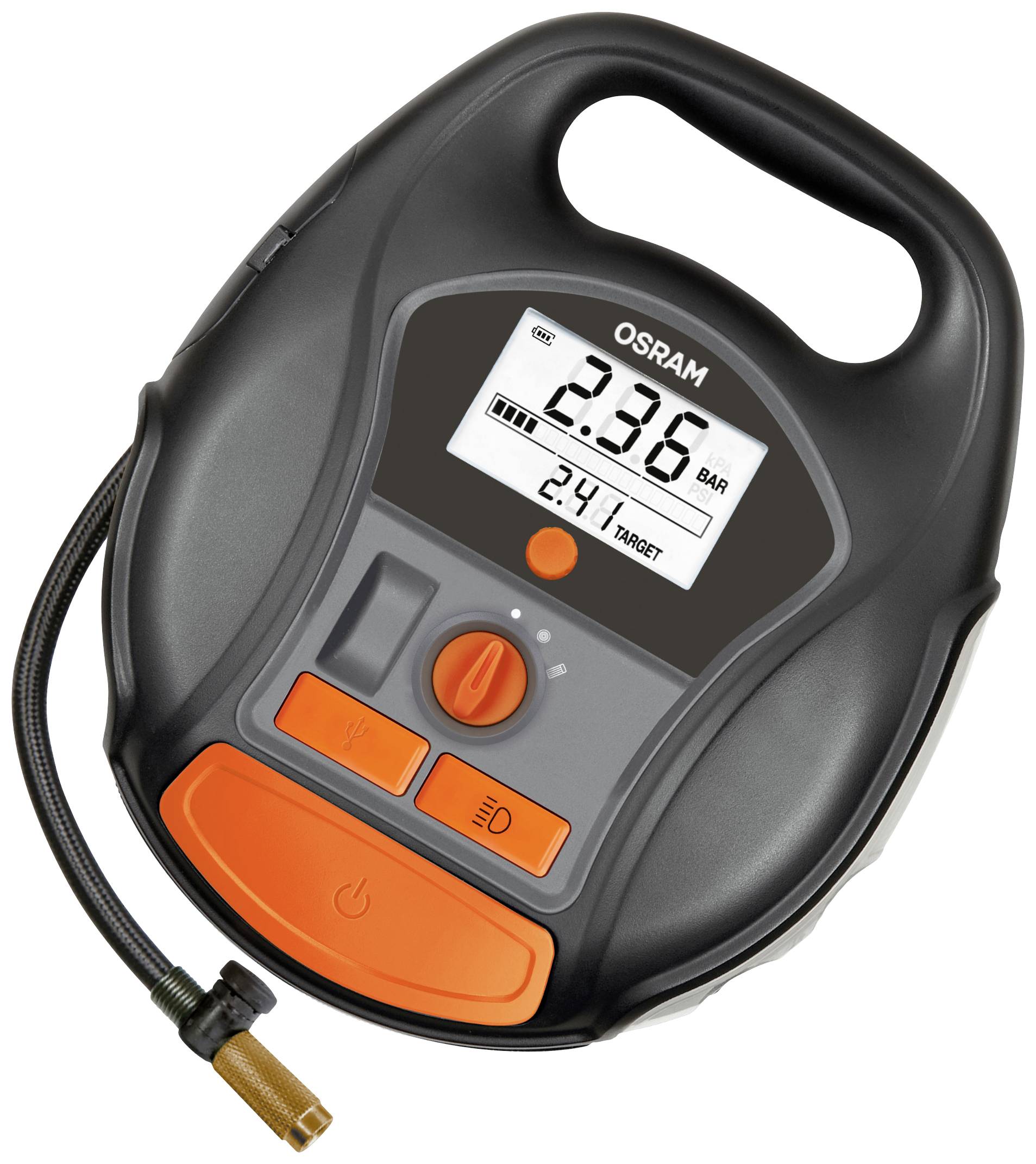 Cyfrowy miernik ciśnienia w oponach wskazuje '2,36 BAR'. Na wyświetlaczu znajdują się przyciski sterujące, a widoczne jest również gniazdo zaworowe.