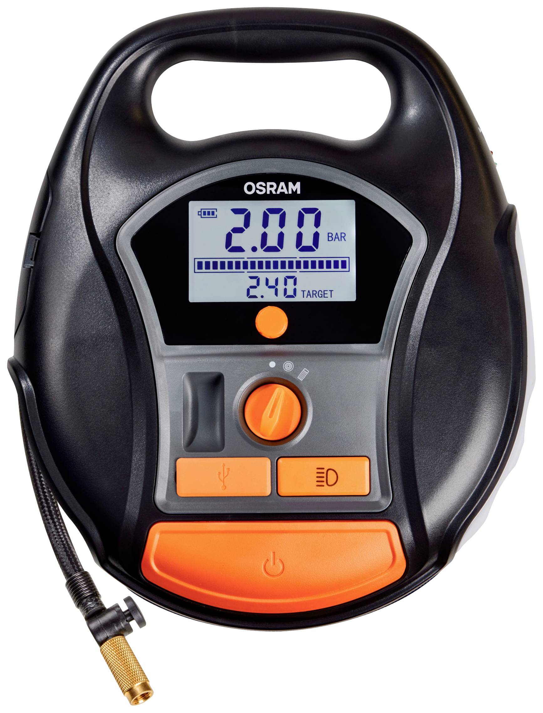 Przenośny elektryczny kompresor z wyświetlaczem cyfrowym pokazuje '2,00 bar'. Przyciski sterujące do regulacji ciśnienia i podświetlenia. Idealny do pompowania opon.