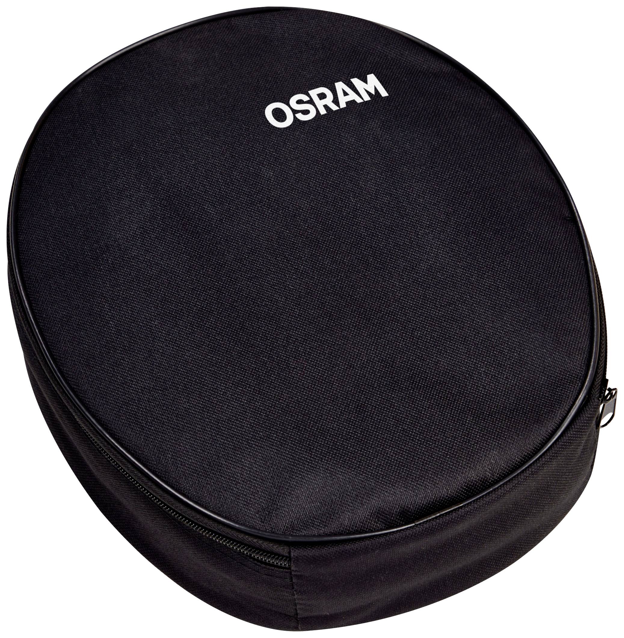 Czarne, owalne etui z zamkiem błyskawicznym i białym nadrukiem 'OSRAM' na wierzchu.