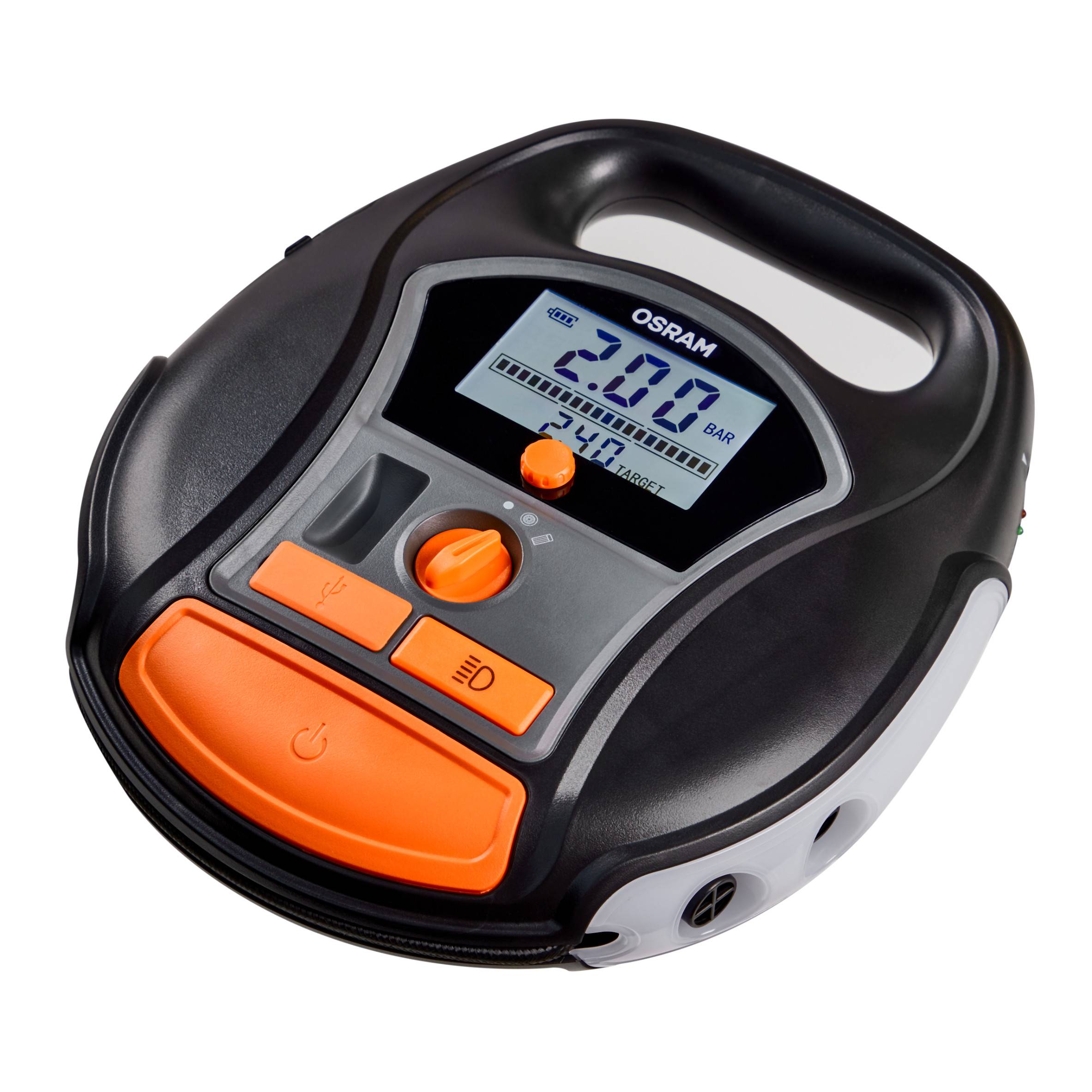 Cyfrowy kompresor do pompowania opon z wyświetlaczem pokazuje '2,00 BAR'. Urządzenie posiada uchwyt i przyciski do obsługi funkcji.