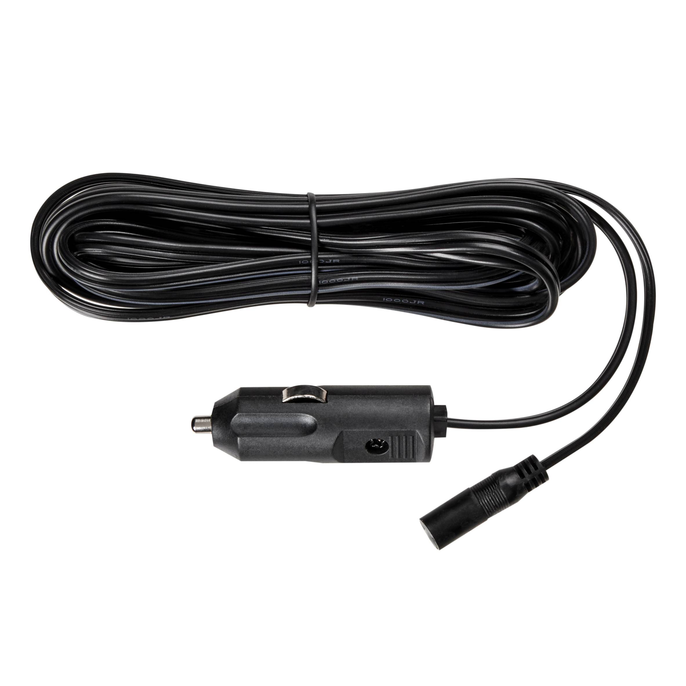 Długi czarny kabel z adapterem na końcu, odpowiedni do podłączenia do źródeł zasilania pojazdu.