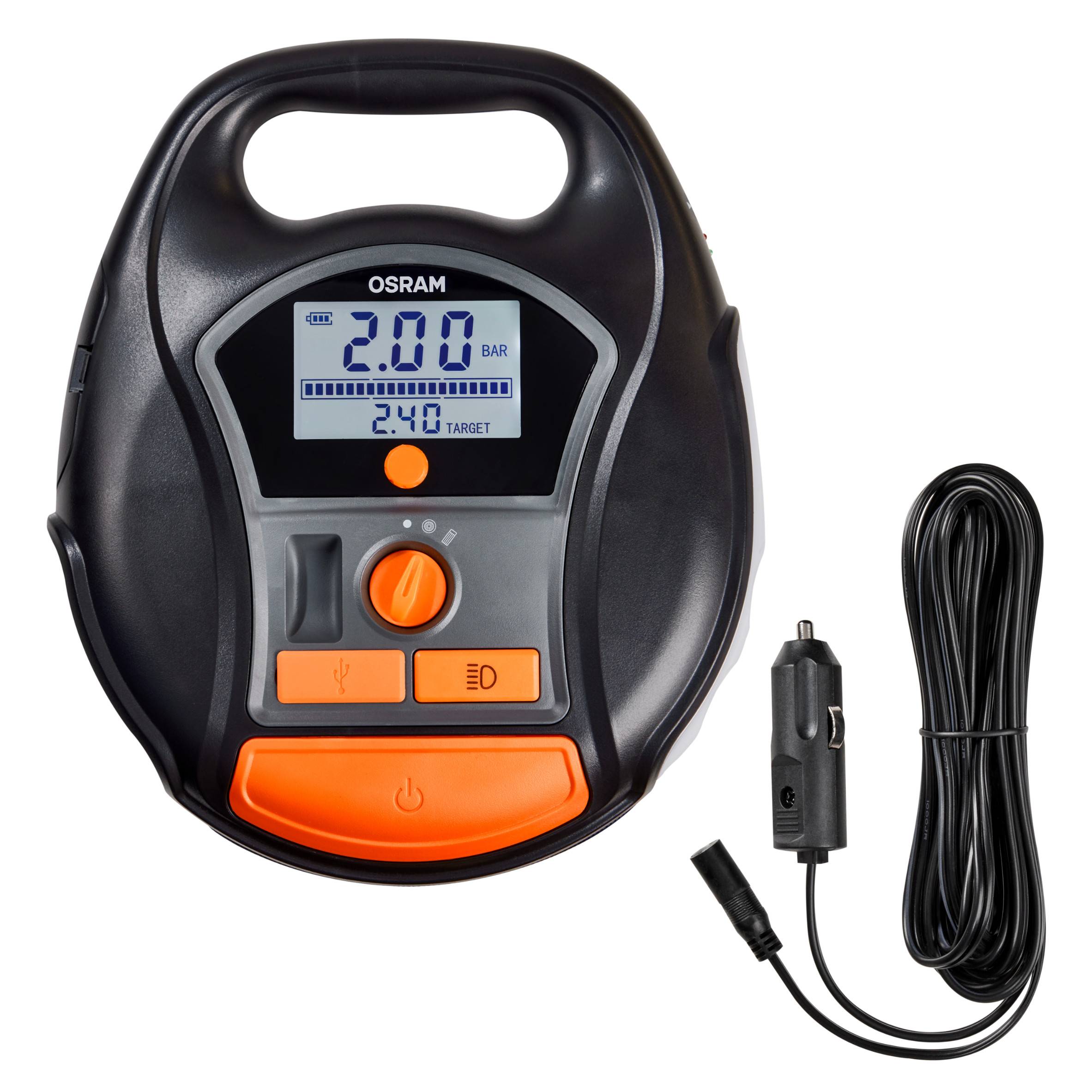Przenośny cyfrowy pompownik do opon OSRAM, wyświetlacz pokazuje 2,00 BAR, z kablem przyłączeniowym.