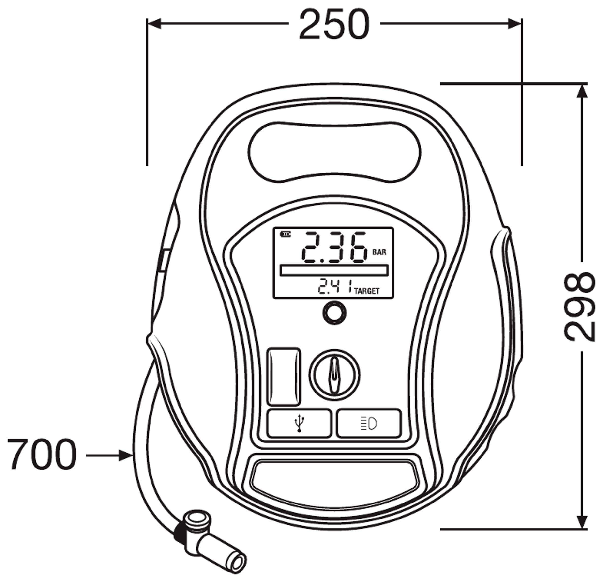 Rysunek przenośnego miernika ciśnienia w oponach. Wyświetlacz pokazuje wartość '2,36 BAR'. Strzałki wskazują wymiary 250 mm x 298 mm.