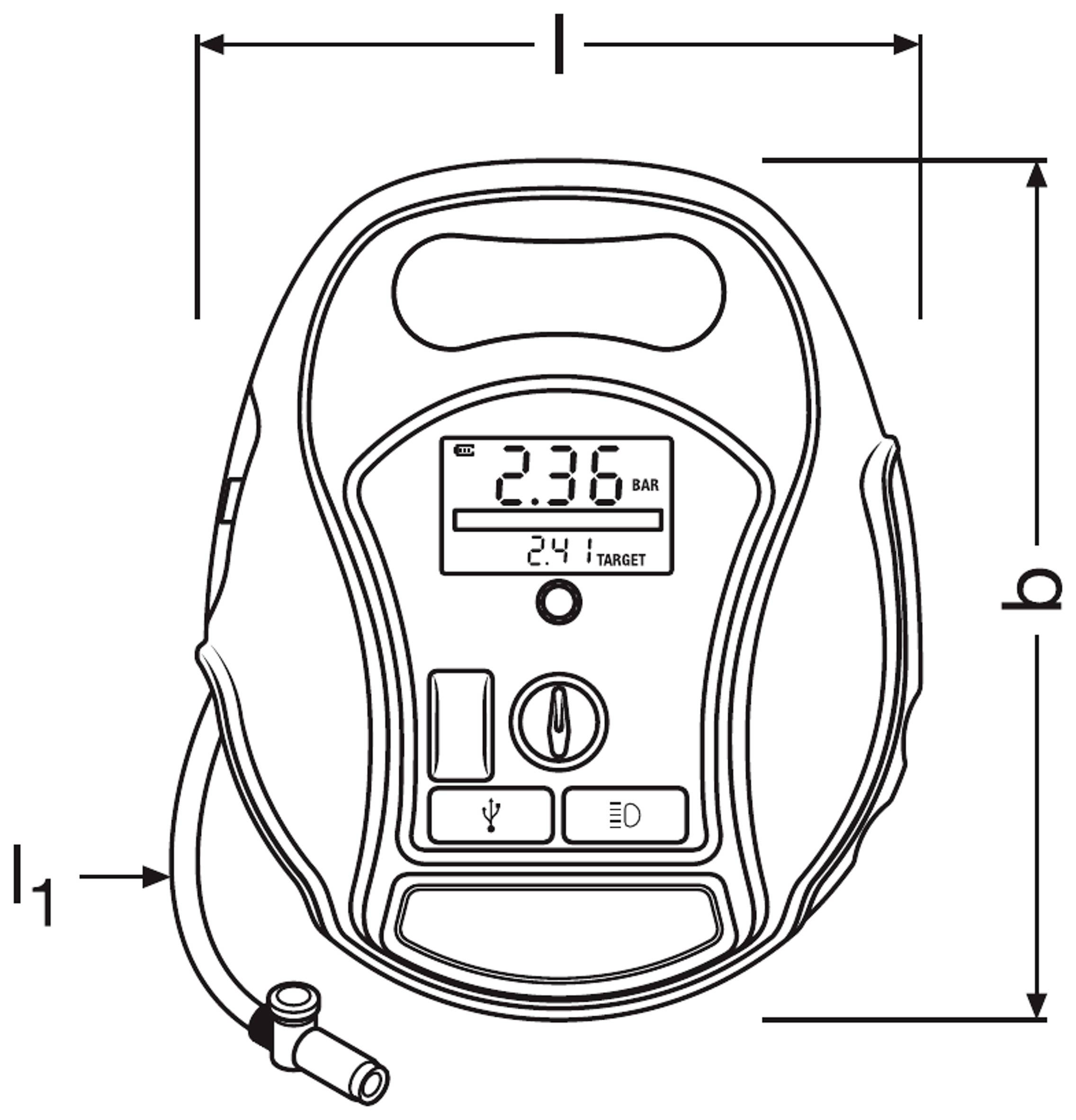 Rysunek cyfrowego manometru do opon z wyświetlaczem LCD. Urządzenie wskazuje ciśnienie 2,36 bara. Strzałki oznaczają wymiary. Przewód z podłączeniem do zaworu.