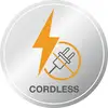 Symbol porażenia elektrycznego i przekreślonej wtyczki z napisem 'Cordless', wskazujący na pracę bezprzewodową.