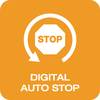 'Pomarańczowy symbol z tekstem 'STOP' w znaku ośmiokątnym, otoczony strzałką w kształcie koła, z napisem 'CYFROWY AUTO STOP' poniżej.'