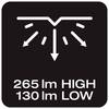 Symbol przedstawiające dwustopniową intensywność światła: na górze '265 lm HIGH', na dole '130 lm LOW', ze strzałkami symbolizującymi wiązki świetlne.
