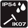 Czarny symbol wskazuje 'IP54' i 'IK07'. Symbolizuje ochronę przed pyłem, wodą rozpryskową oraz odporność na uderzenia.