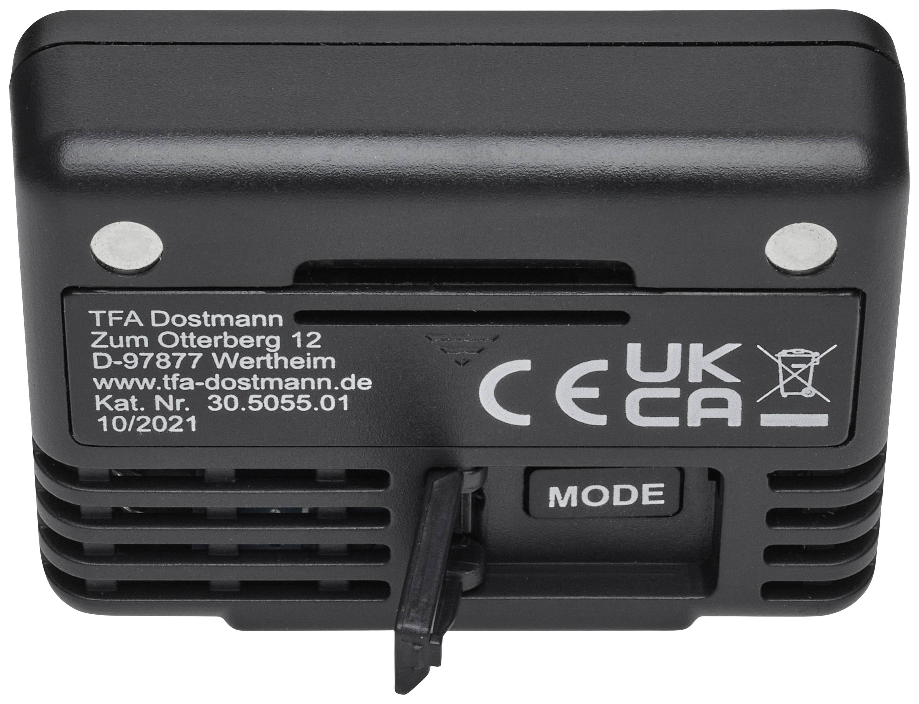 Tylna strona urządzenia elektronicznego z oznaczeniami zgodnościowymi 'CE' i 'UKCA', producent TFA Dostmann, szczegółowe dane adresowe i przycisk trybu pracy.