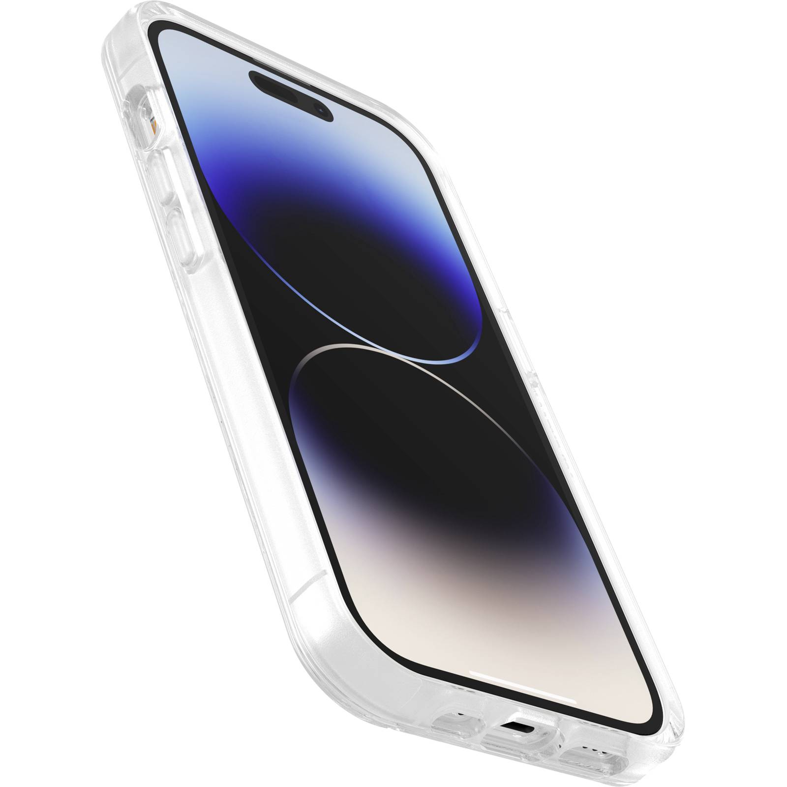 Smartfon z przezroczystą obudową ochronną; widok z boku przedstawia zakrzywiony wyświetlacz i wycięcie na aparat.