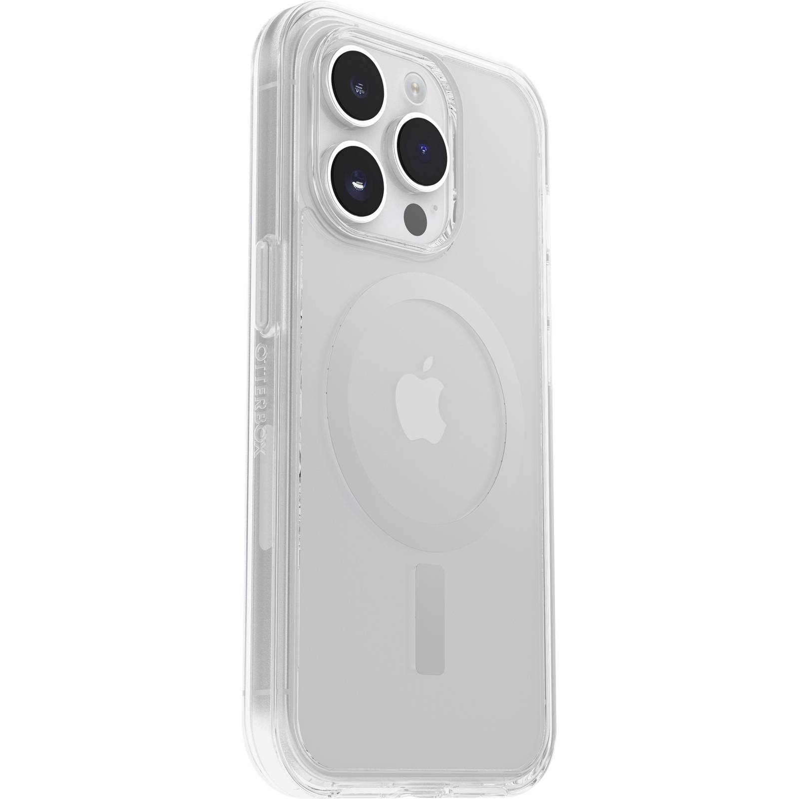 Przezroczyste etui na telefon z MagSafe do nowoczesnego smartfona, widoczne są wycięcia na aparat oraz logo marki na tylnej stronie.