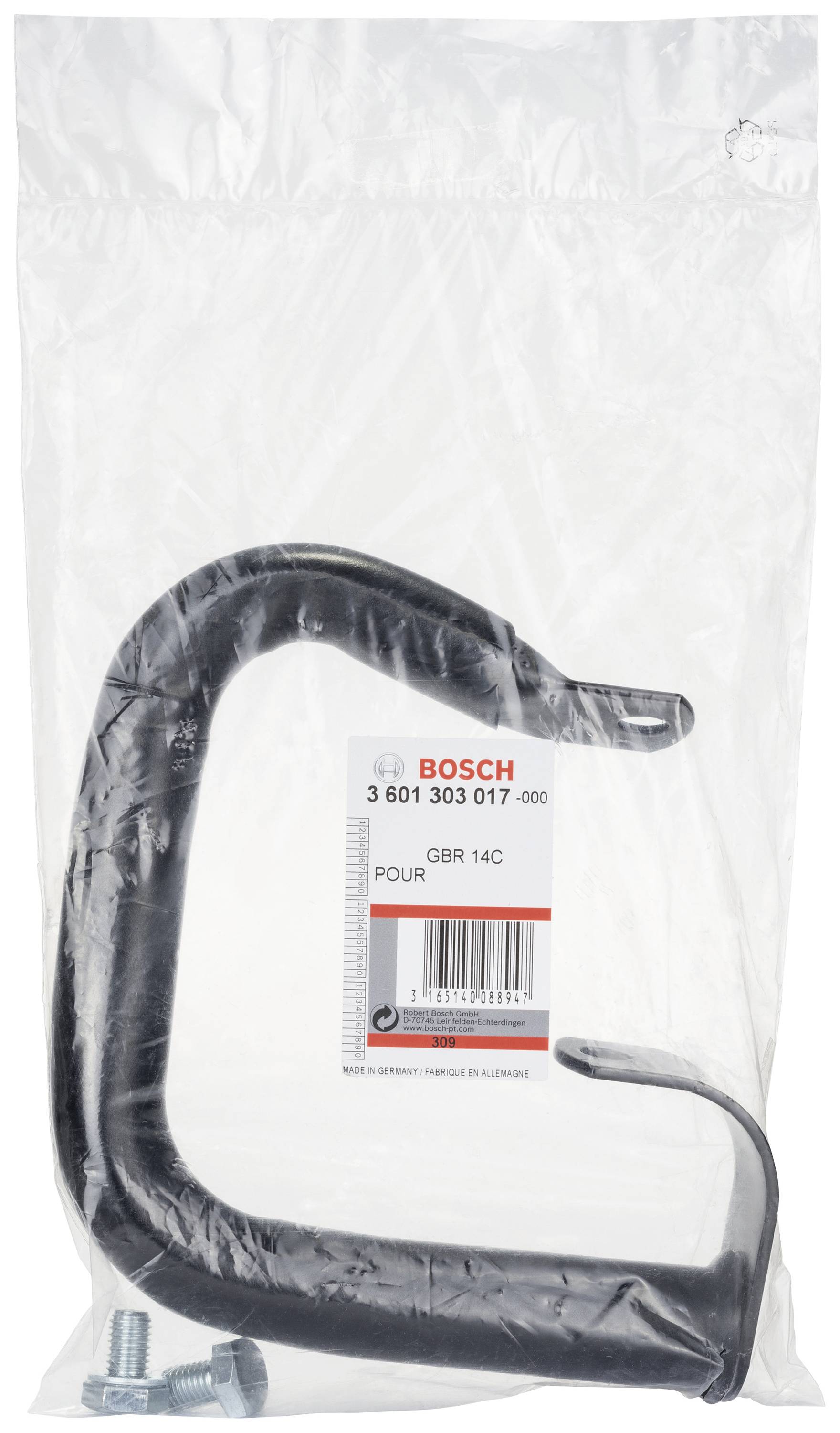 Uchwyt z tworzywa sztucznego w przezroczystym opakowaniu z logo Bosch i numerem produktu. Zawiera również śruby.