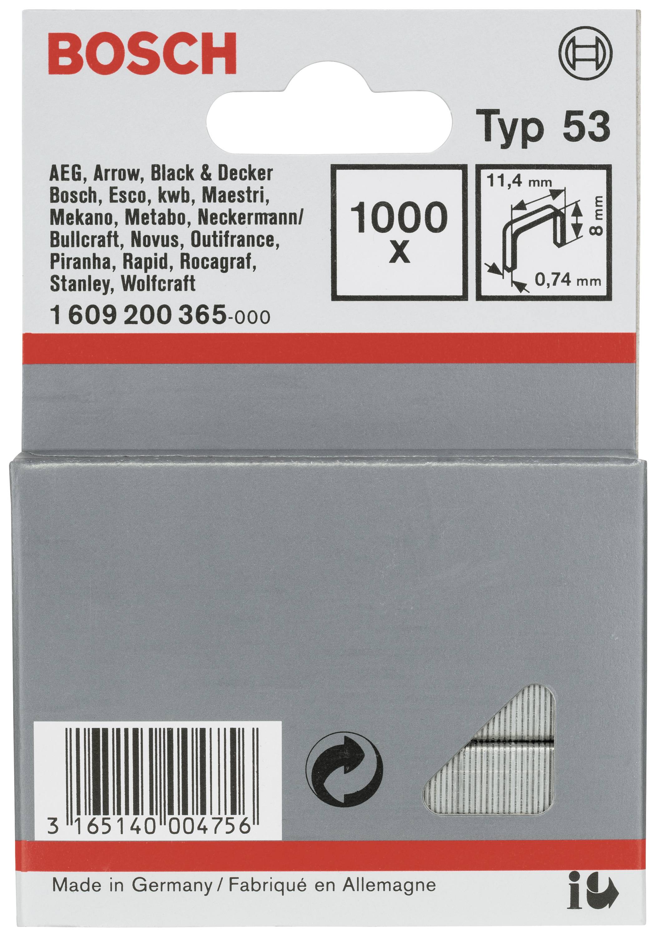 Аксесуари Bosch 1609200365 Скоби з тонкого дроту Тип 53 1000 шт. Розміри (Д x Ш) 8 мм x 11,40 мм