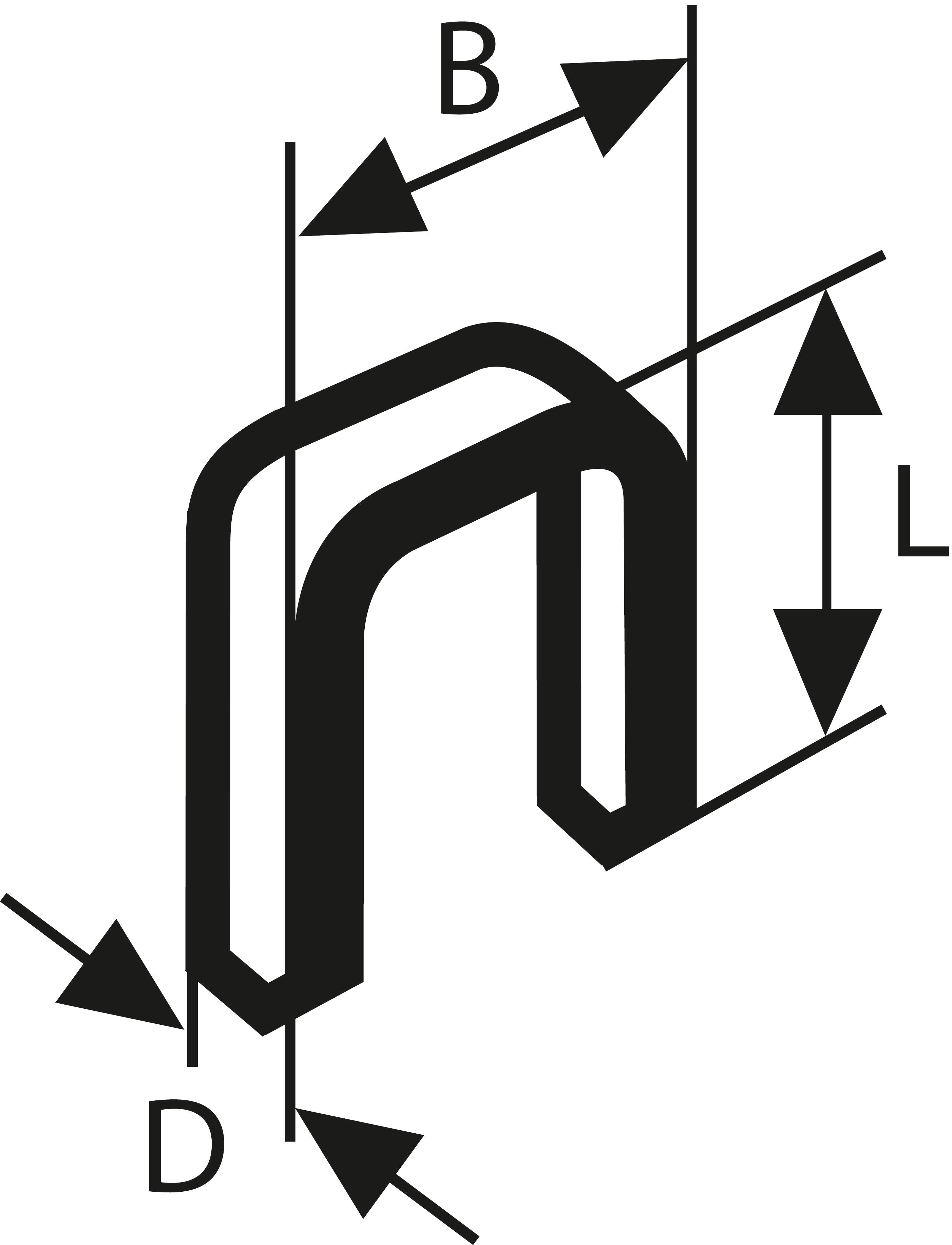 Rysunek techniczny giętego elementu metalowego z wymiarowaniem 'B' oznaczającym szerokość, 'D' średnicę oraz 'L' długość.