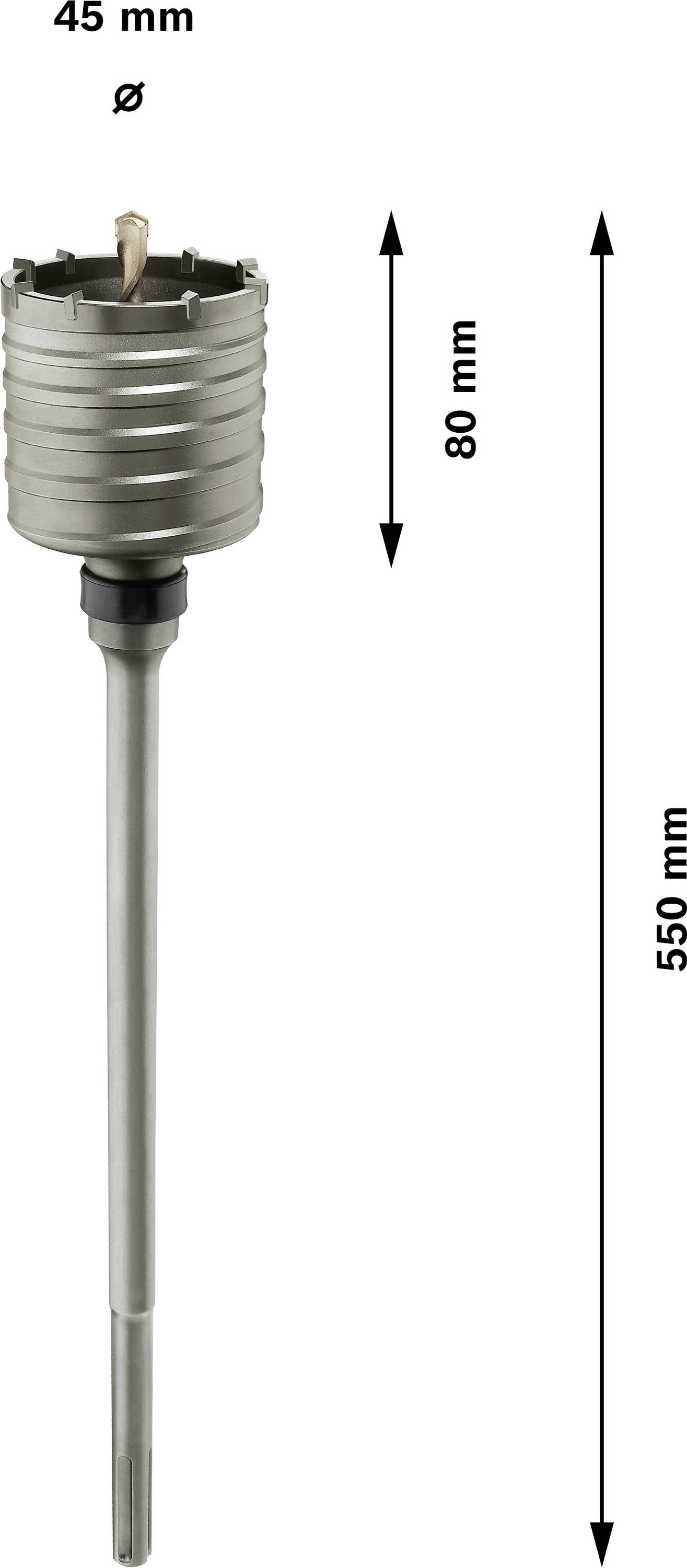 Korona wiertnicza o średnicy 45 mm, wysokości 80 mm i całkowitej długości 550 mm.