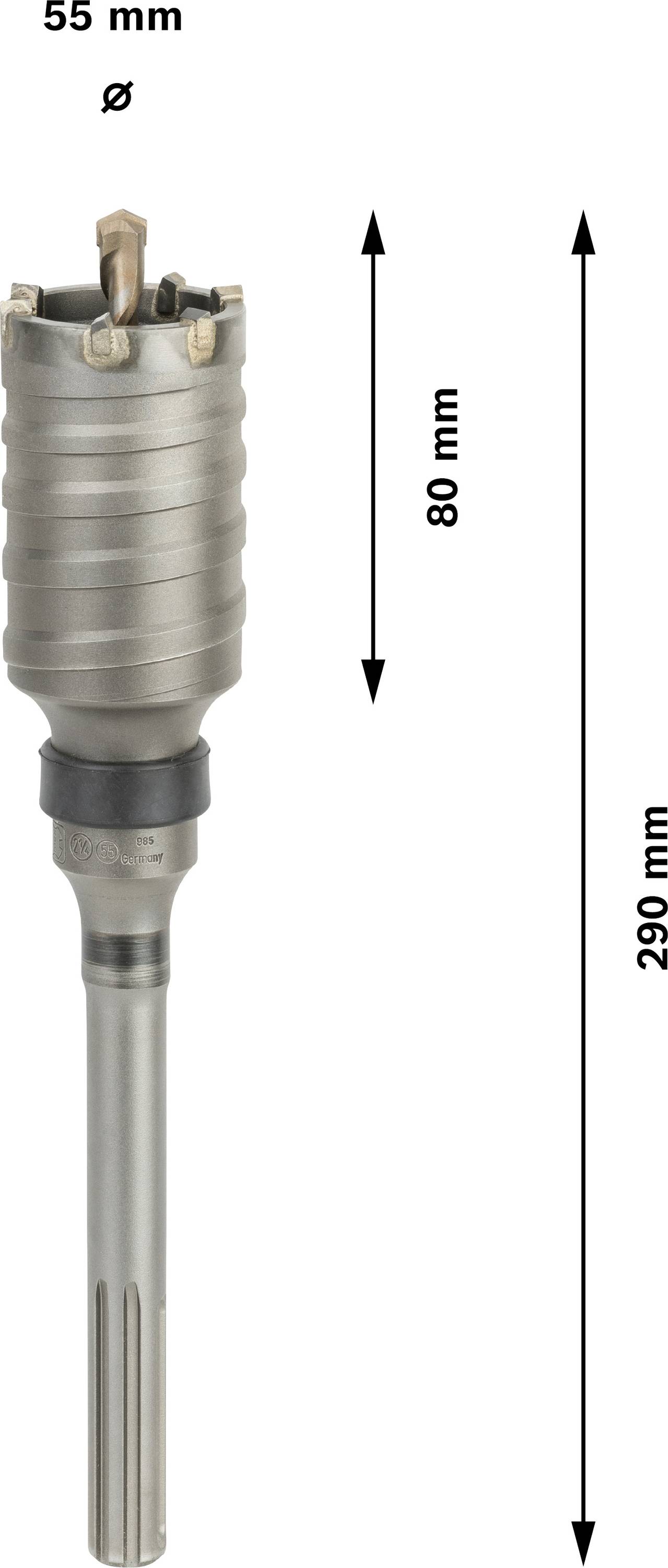 Korona wiertnicza z chwytem SDS, średnica 55 mm, długość całkowita 290 mm, głębokość robocza 80 mm, przeznaczona do betonu i muru.