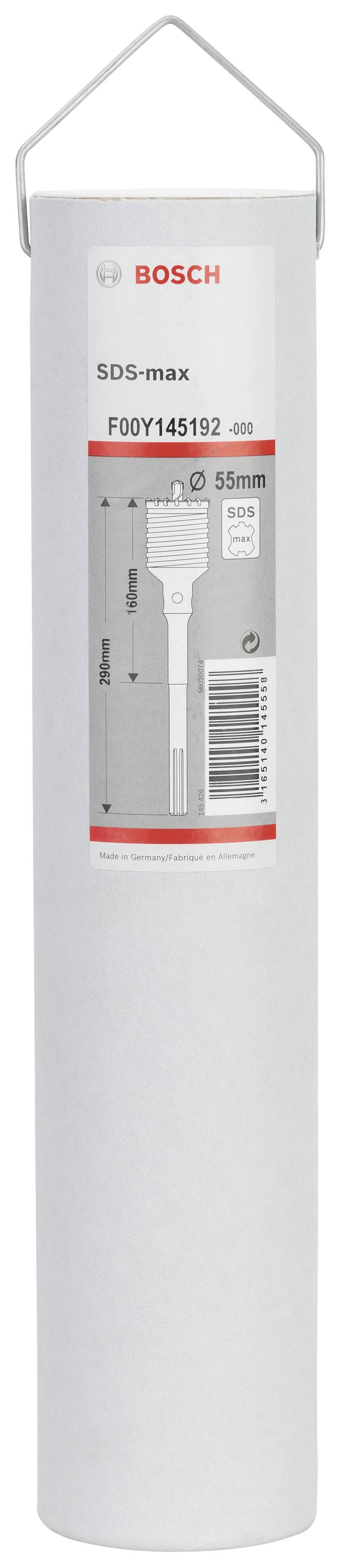 Opakowanie wiertła SDS-max firmy Bosch, model F00Y145192. Nadruk przedstawia szczegóły techniczne, takie jak średnica 55 mm.