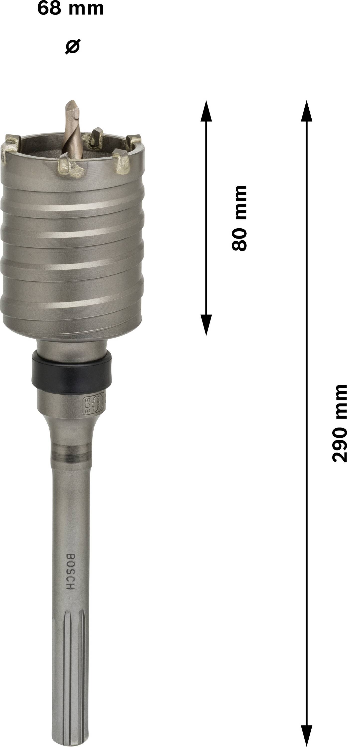 Wiertło rdzeniowe o wymiarach: średnica 68 mm. Długość całkowita 290 mm, długość użytkowa 80 mm.