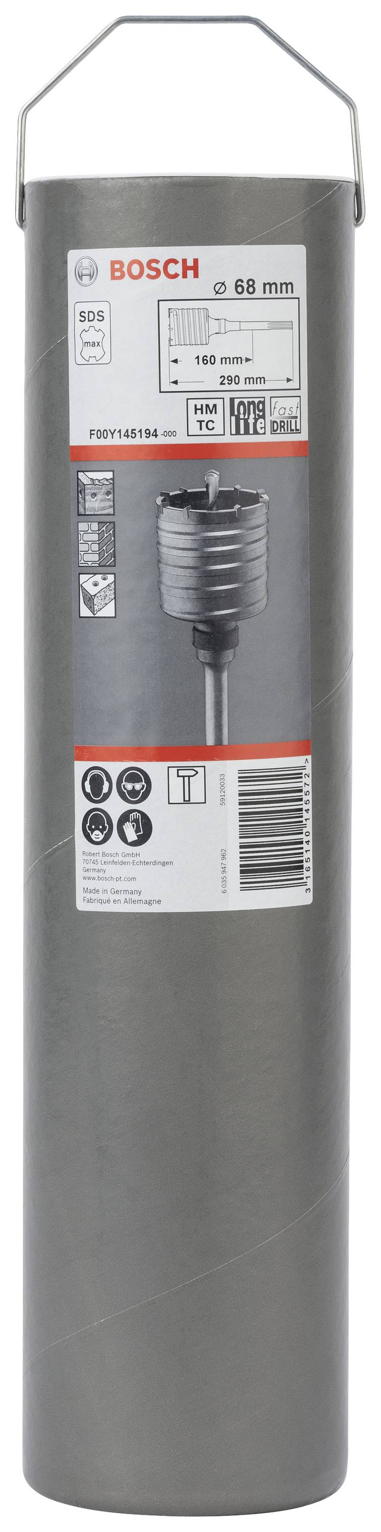 Szary cylindryczny świder Boscha z etykietą. Etykieta przedstawia specyfikacje techniczne, średnicę 68 mm oraz logo Boscha.