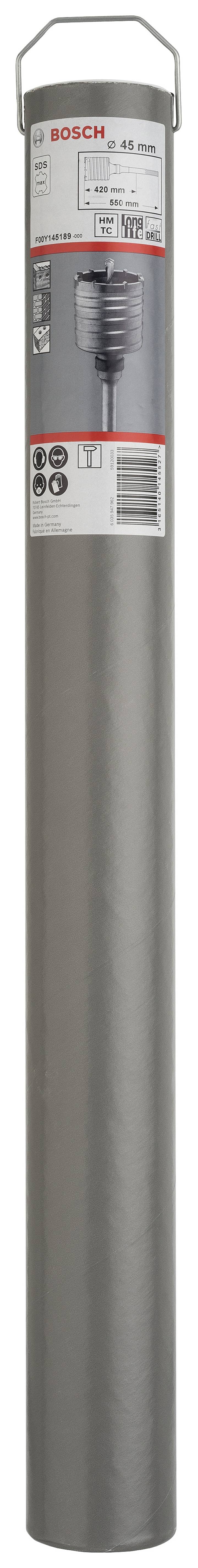 Szary cylindryczny wiertarz w opakowaniu z logo Bosch, specyfikacjami, kodem kreskowym i ilustracją produktu na etykiecie.