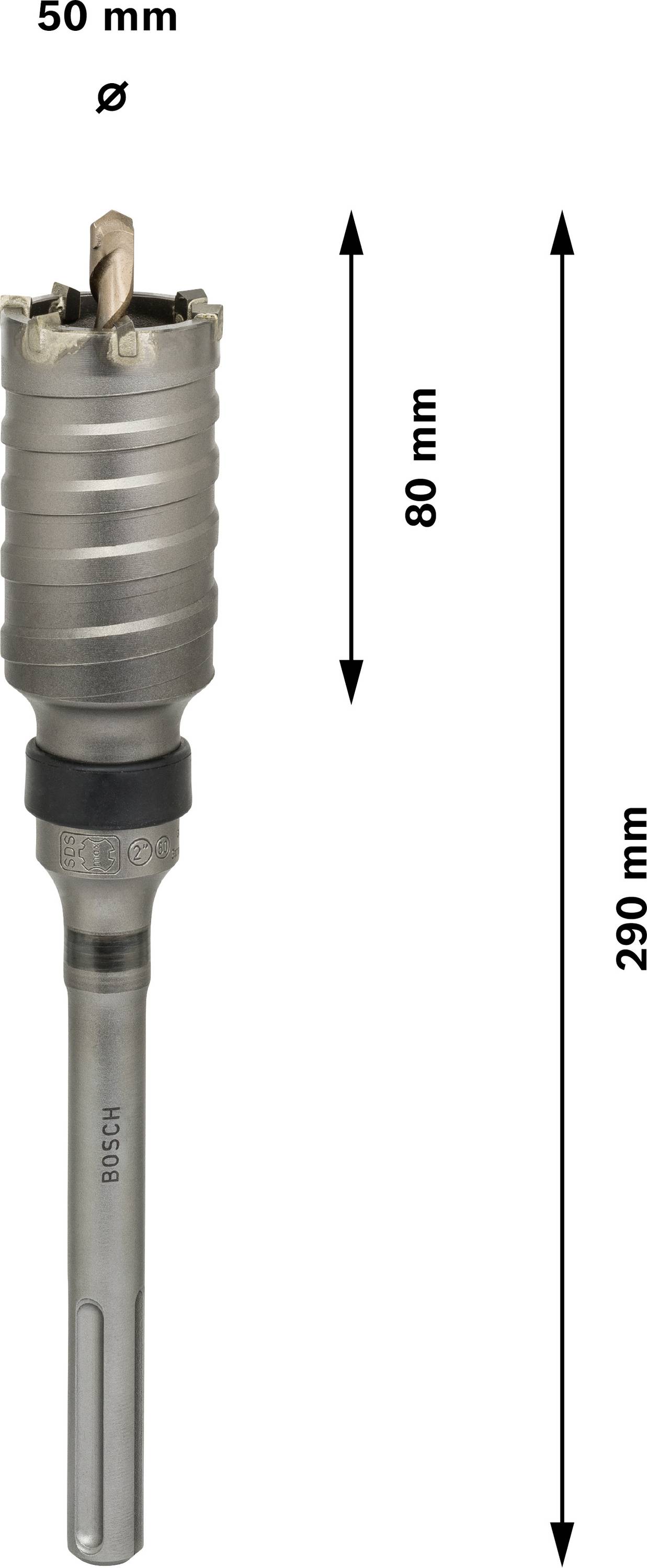 Wiertło o długości 290 mm i średnicy 50 mm. Długość robocza wynosi 80 mm. Idealne do wiercenia w betonie.