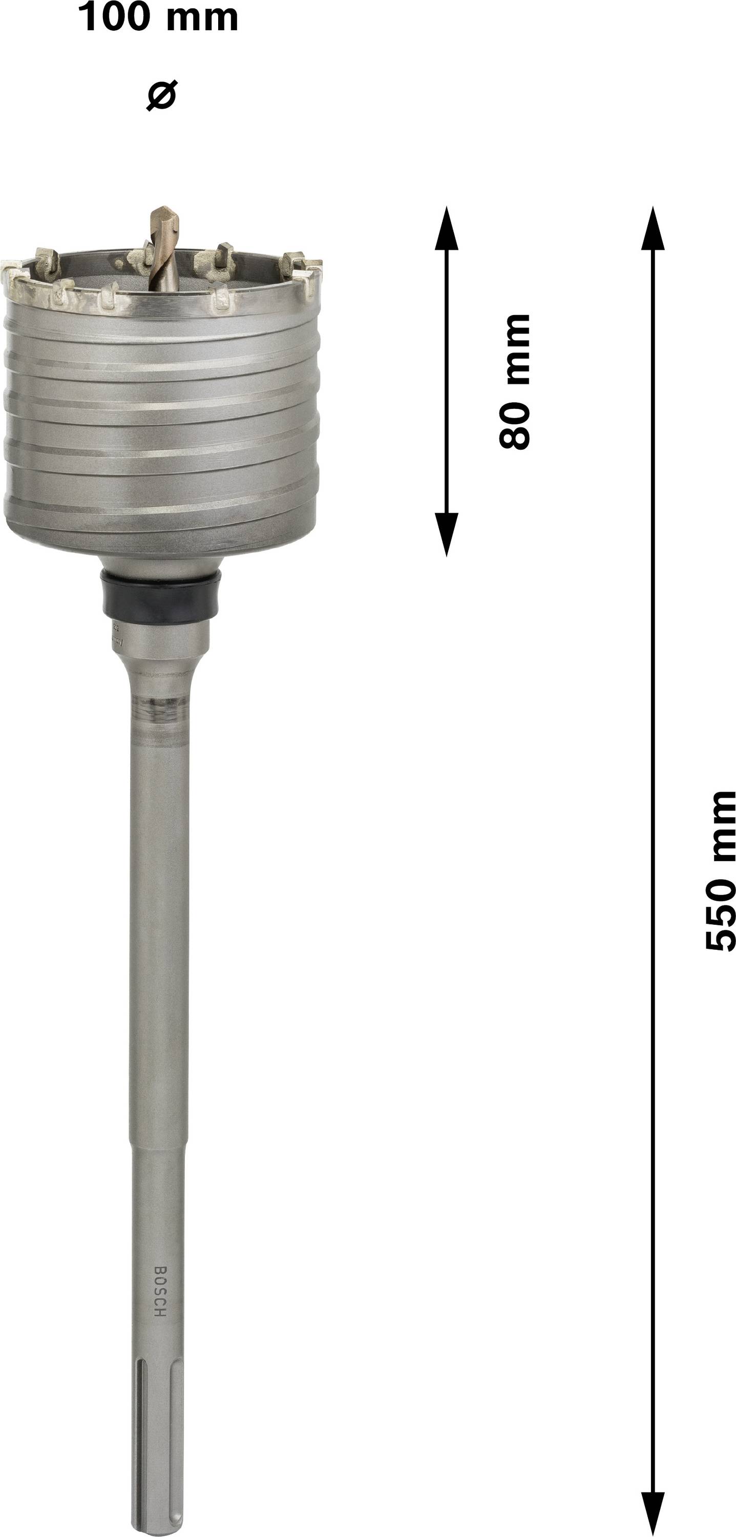 Nasadka wiertarska o średnicy 100 mm i wysokości 80 mm, długość całkowita 550 mm.