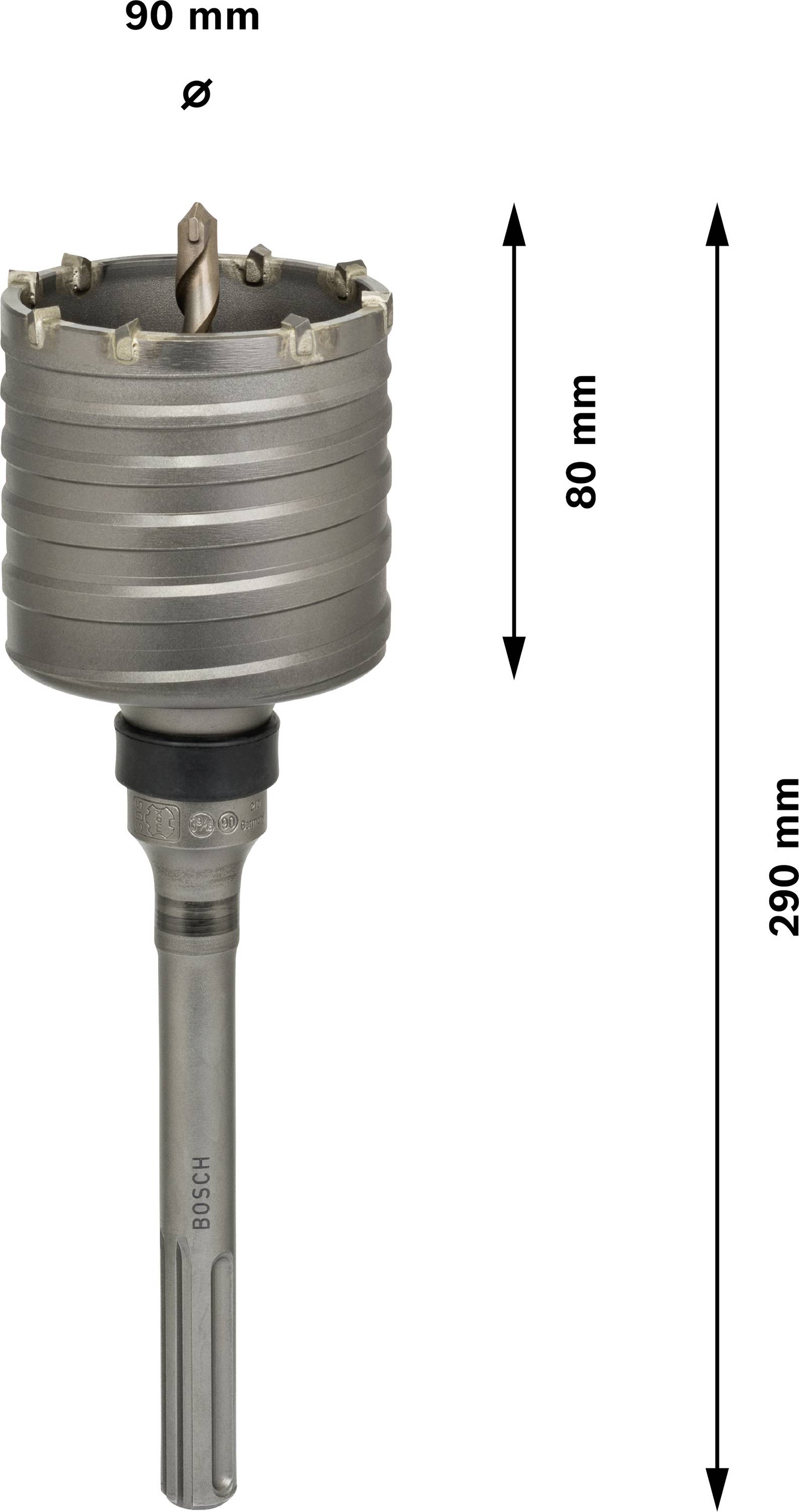 Korona wiertnicza o średnicy 90 mm i długości 290 mm. Widok z boku z wymiarami: 80 mm korona, 290 mm całkowita długość.