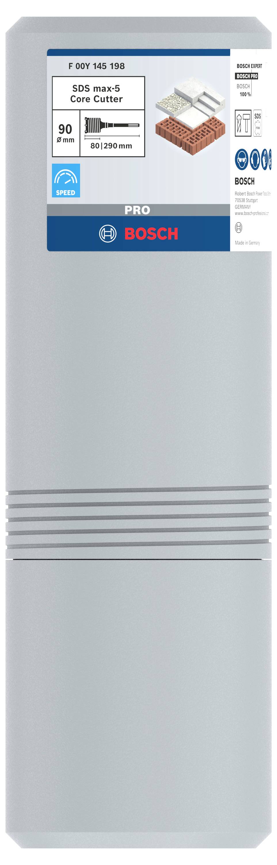 Szary pakiet produktu z napisem 'Bosch PRO'. Pokazuje obraz wiertła koronowego do muru, oznaczonego '90 mm' i '80/ 230 mm'.