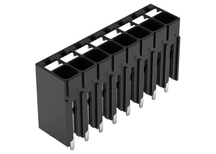 Czarny, prostokątny moduł złącza wtykowego z tworzywa sztucznego z wieloma metalowymi stykami do połączeń elektrycznych w urządzeniach elektronicznych.