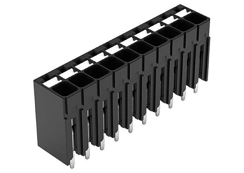 Wielostykowy złącze wtykowe w rzędzie, czarne, wykonane z tworzywa sztucznego, przeznaczone do połączeń elektronicznych lub montażu na płytkach drukowanych.