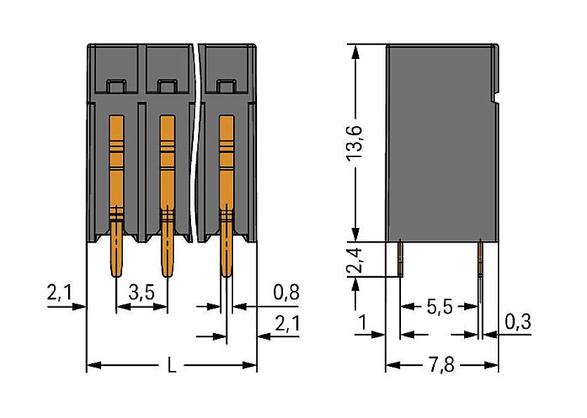 Rysunek techniczny złącza z wymiarami: szerokość 3,5 mm, wysokość 13,6 mm, rozstawy pinów 2,1 mm i 5,5 mm, długość całkowita zmienna.