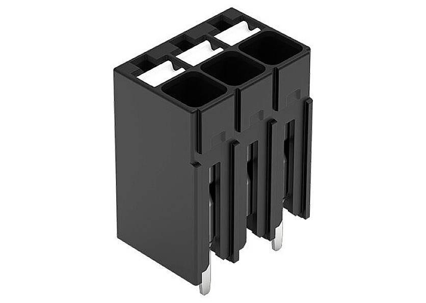 Czarny wtyk z tworzywa sztucznego z trzema prostokątnymi gniazdami, odpowiedni do połączeń elektronicznych.