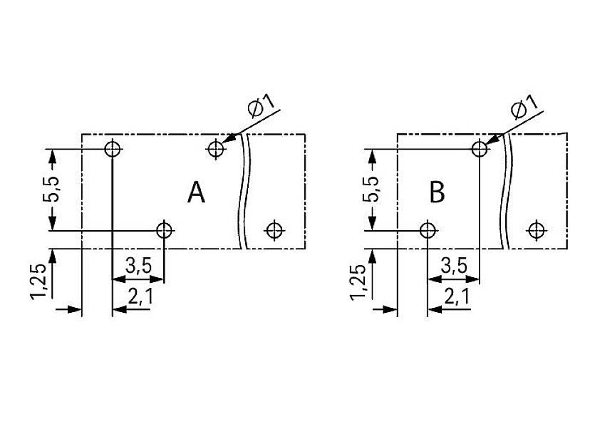 Rysunek techniczny dwóch prostokątnych elementów, A i B, o identycznych wymiarach i otworach: 5,5 x 3,5 x 2,1 mm.