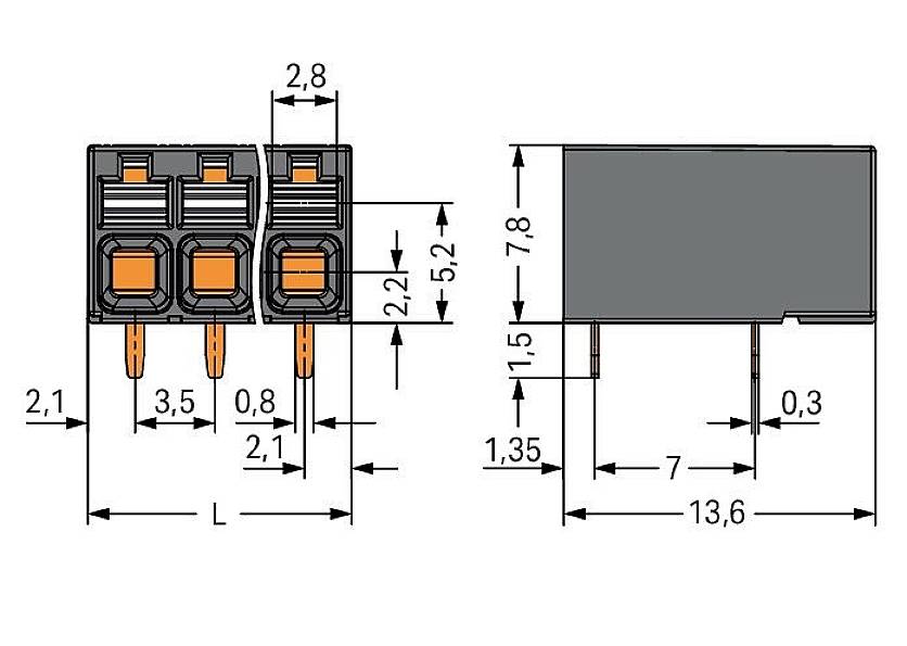 Elektryczny schemat złącza z wymiarami: całkowita szerokość 13,6 mm, wysokość 7,8 mm, rozstaw pinów 2,1 mm, długość pinu 7 mm.