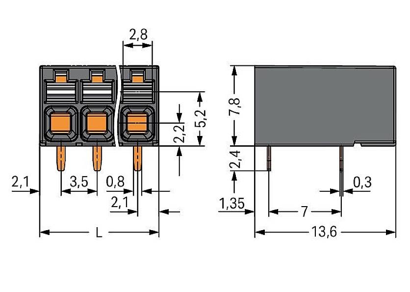 Rysunek techniczny złącza, pokazujący wymiary: szerokość 2,8 mm, wysokość 2,2 mm, głębokość 5,2 mm, długość styku 3,5 mm.