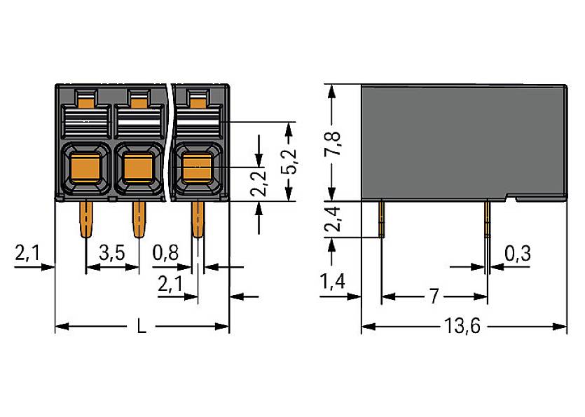 Dwuwymiarowy rysunek złącza elektrycznego z różnymi wymiarami w milimetrach: długość 13,6 mm, wysokość 5,2 mm.