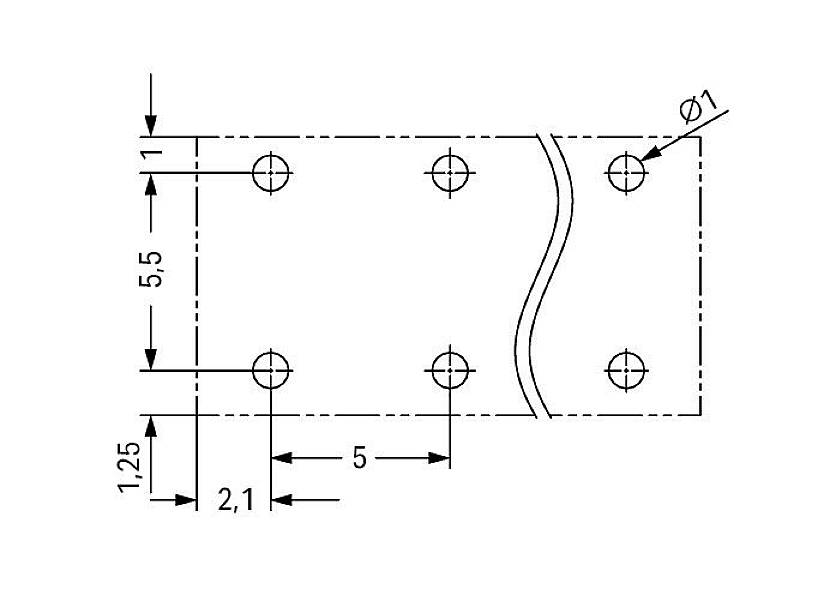 Rysunek techniczny prostokątnej blachy z sześcioma otworami. Wymiary: 5,5 cm x 2,1 cm. Średnica otworów 1 cm. Odległość między otworami: 1,25 cm.