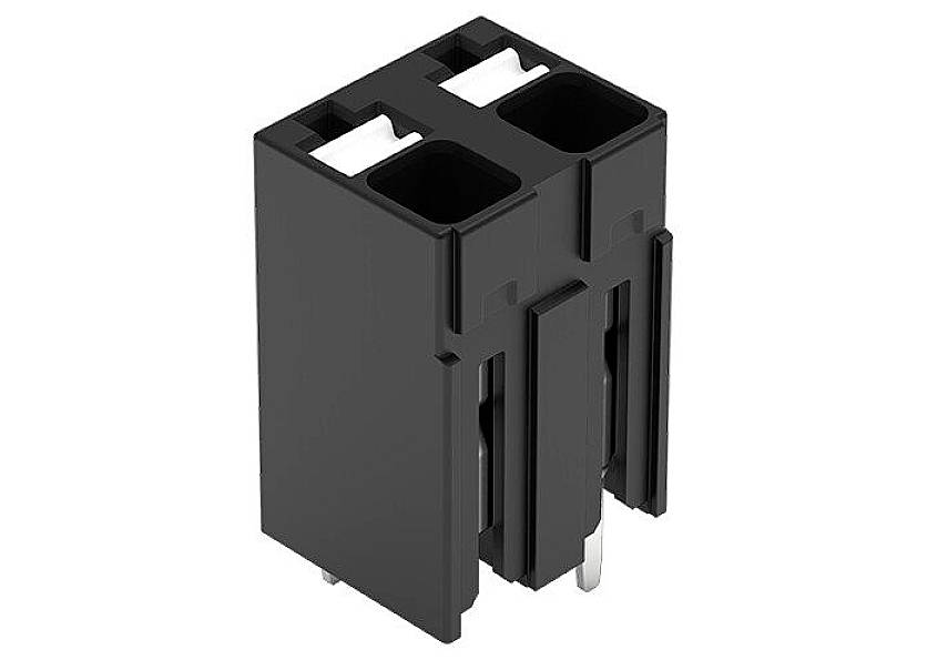 Czarna prostokątna elektryczna wtyczka z dwoma złączami i metalowymi stykami od spodu.